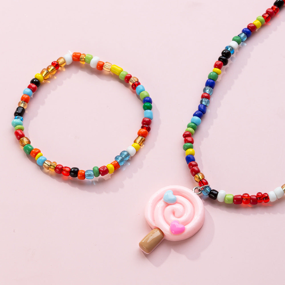 Set di collane in resina a forma di lecca-lecca a cartoni animati per bambini con catena di perline, gioielli estivi colorati "Dopamine"