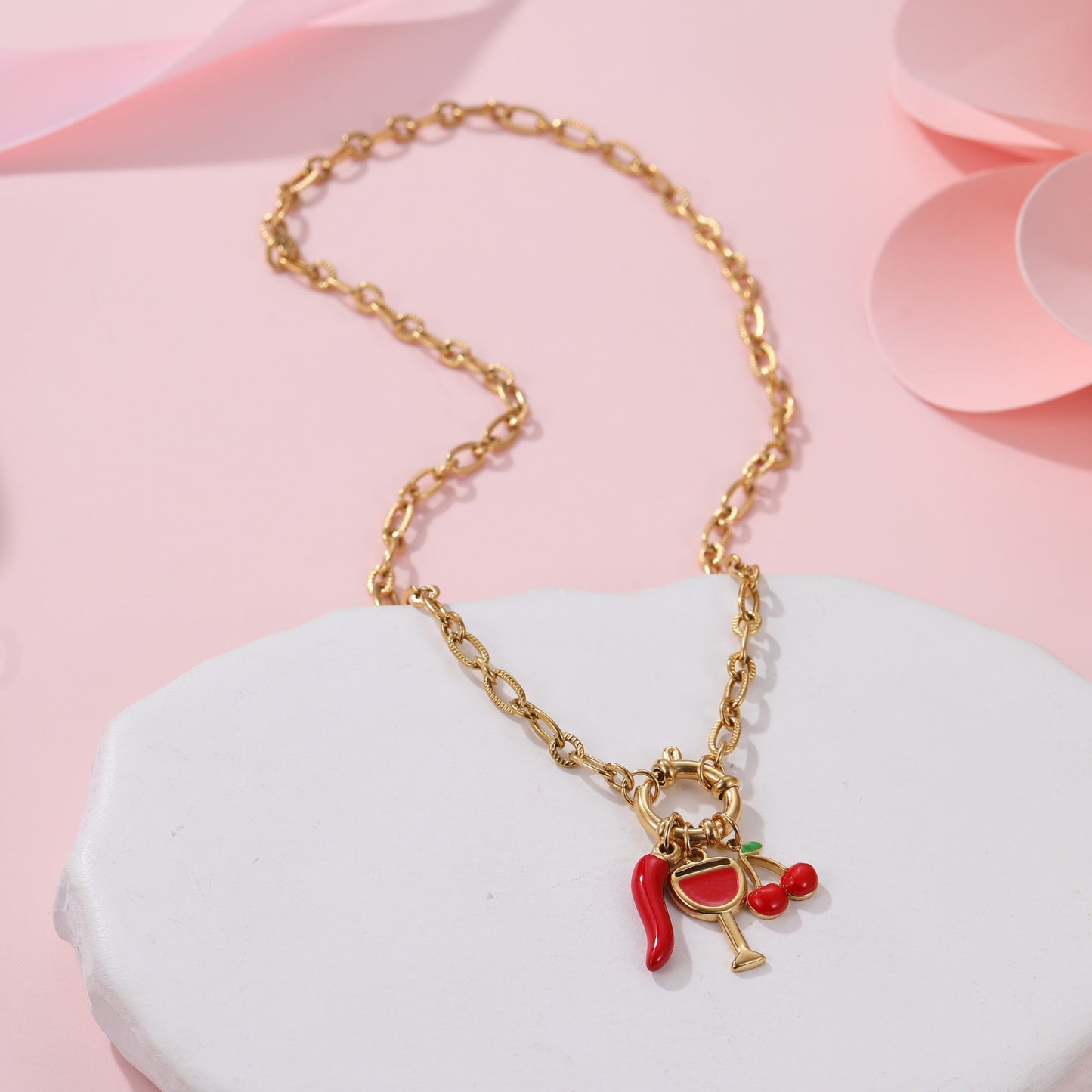 Elegant 18K Gold Plated Stainless Steel Cherry Fruit Charm Bar Necklace for Women