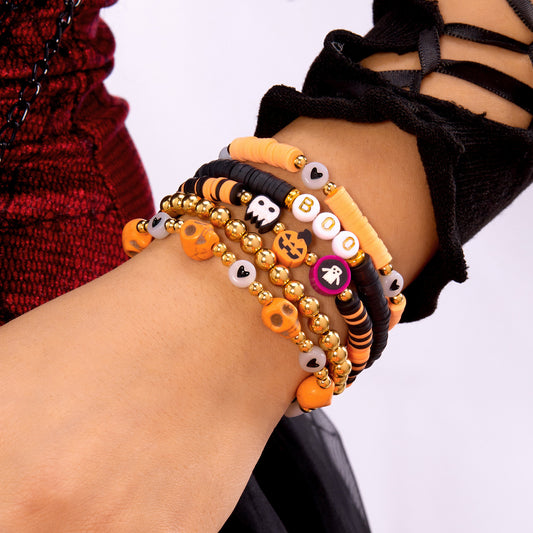 Linda-Atrevida pulsera elástica de cuentas con letras de calavera de calabaza de resina para Halloween, unisex