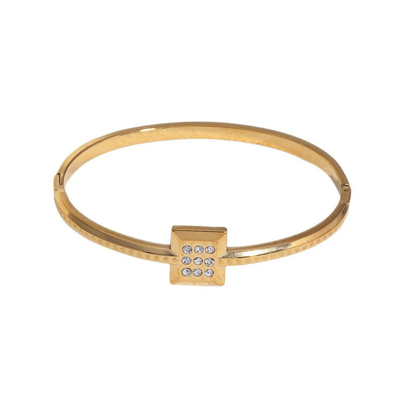 Minimalist Elegant Gold Plated Geometric Square Stainless Steel Bracelet with Rhinestone