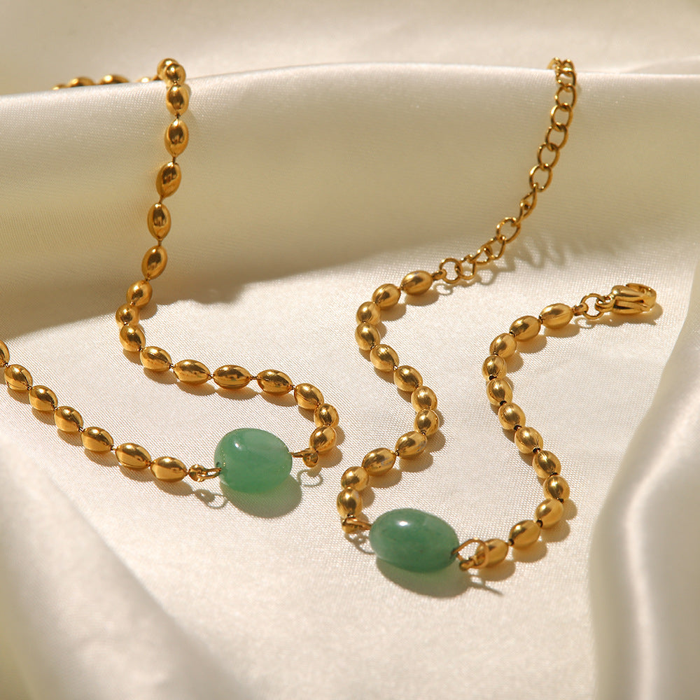 Retro French Style Geometric Green Natural Stone Bracelet and Necklace with Stainless Steel Chain and Gold Beads