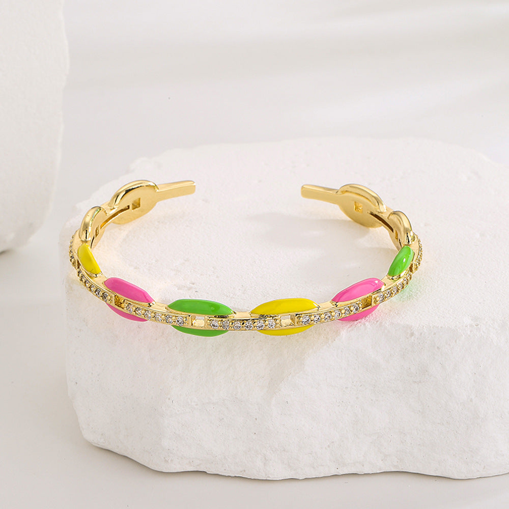 Ins Style Pig Nose Open Bangle Bracelet for Women in Copper with 18K Gold Plating and Colorful Enamel Zirconia