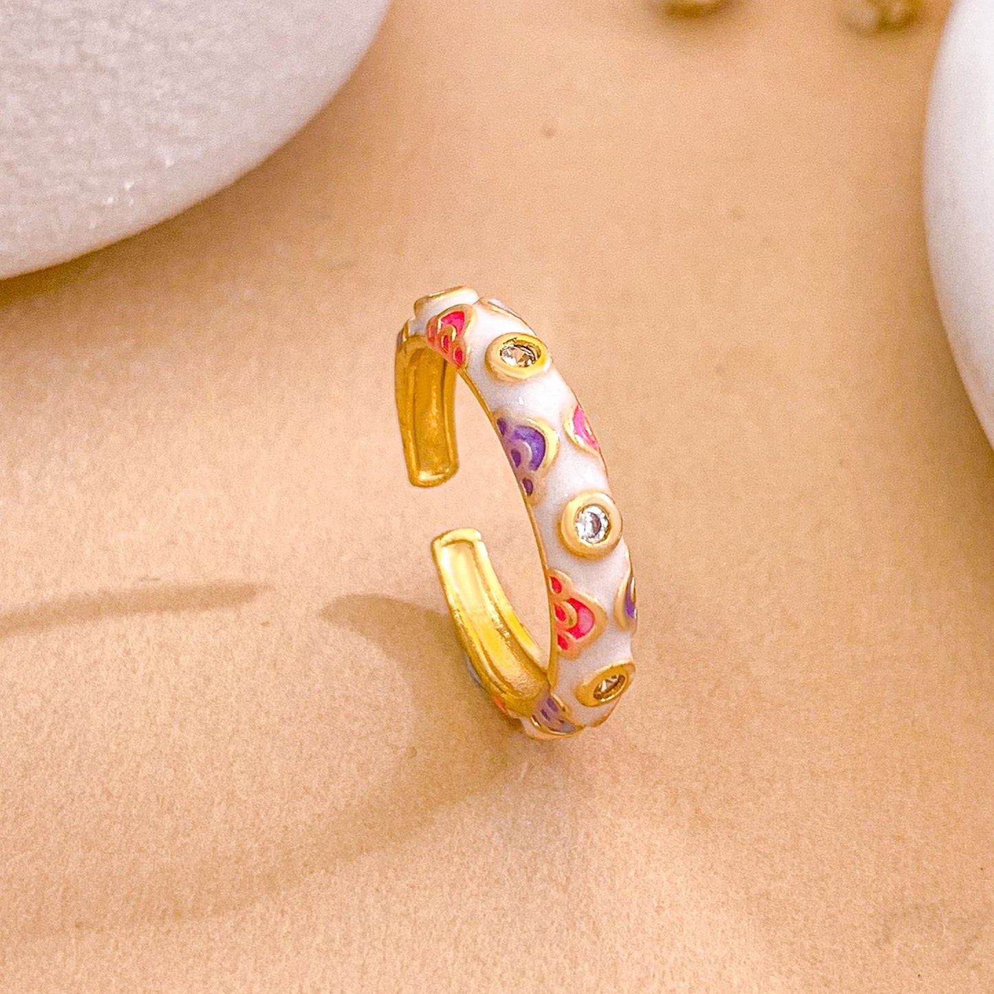 Vintage Sweet Enamel Gold Plated Brass Heart Open Ring for Women