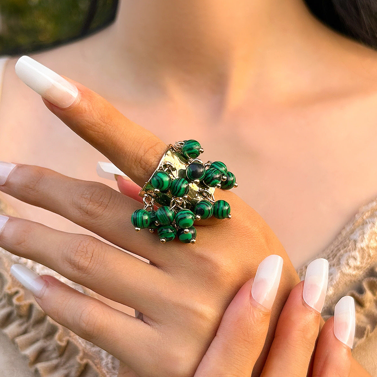 Vintage Palace Style Geometric Round Malachite Inlay Alloy Plated Open Ring for Women