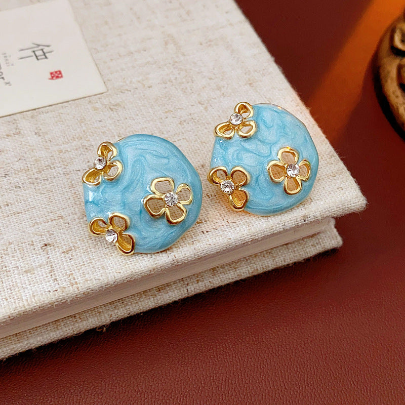 Chic Geometric Enamel Blue Green Contrast Stud Earrings for Women with Stainless Steel Posts