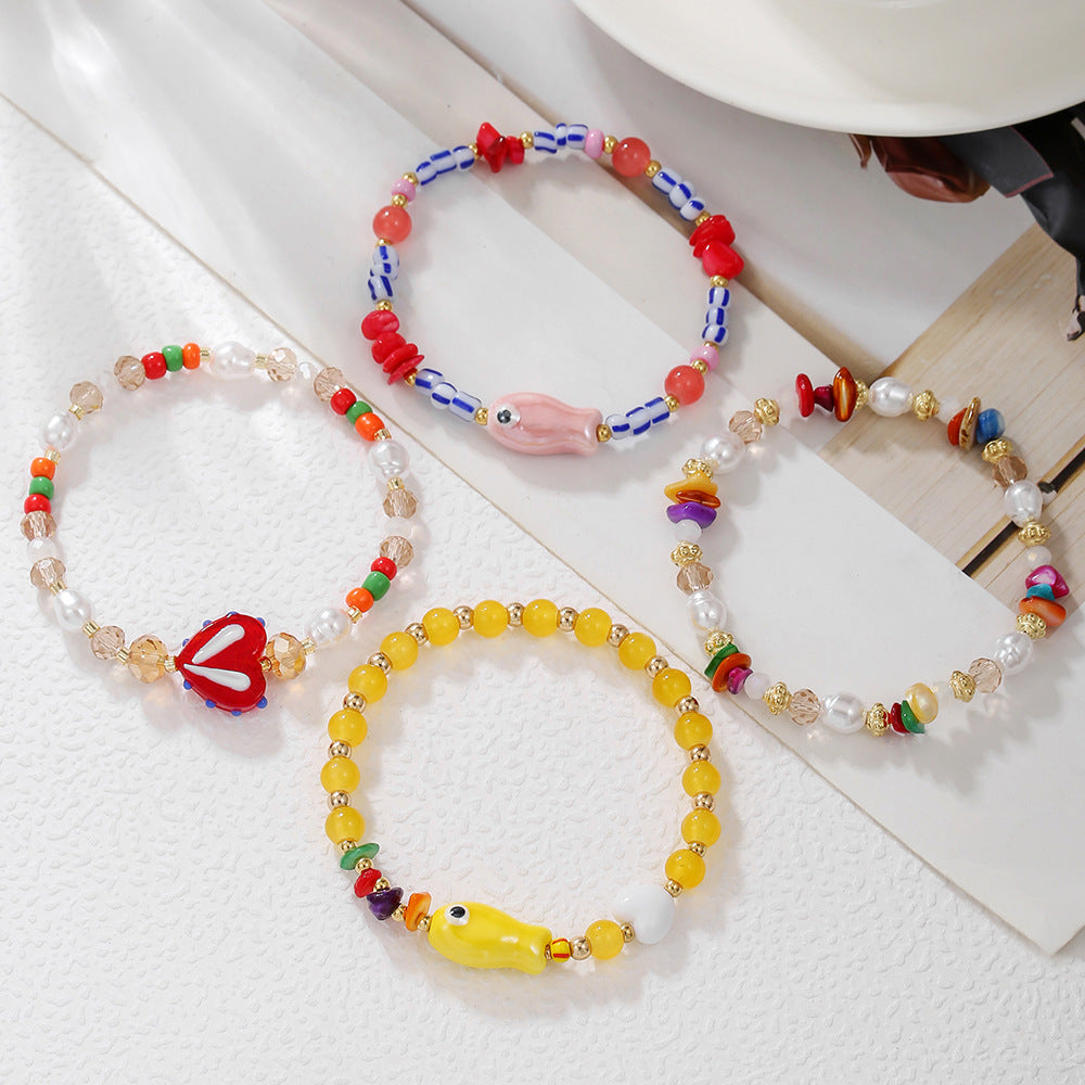 Sweet Geometric Heart Ceramic Imitation Pearl Glass Crystal Beaded Bracelet