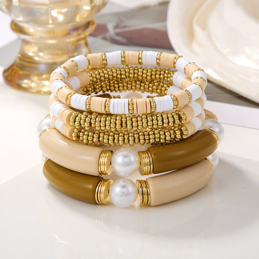 Bohemian Ethnic Geometric Round Acrylic Resin Pearl Bracelet Set for Women