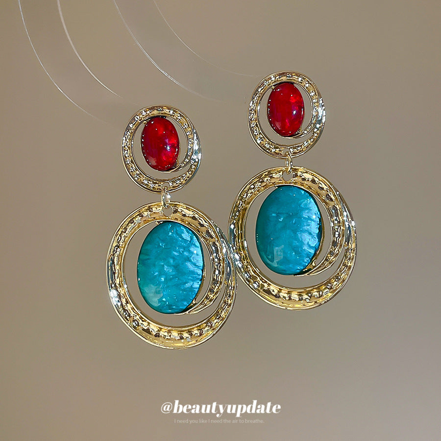 Pendientes de botón ovalados de resina, estilo étnico vintage, con diseño geométrico y postes de acero chapado en oro para mujer