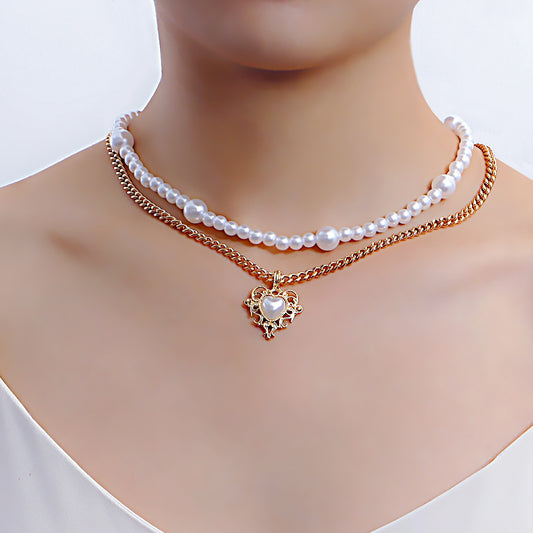 Minimalist Double-Layer Alloy Heart Pendant Necklace for Women with Plated Finish and Adjustable Length