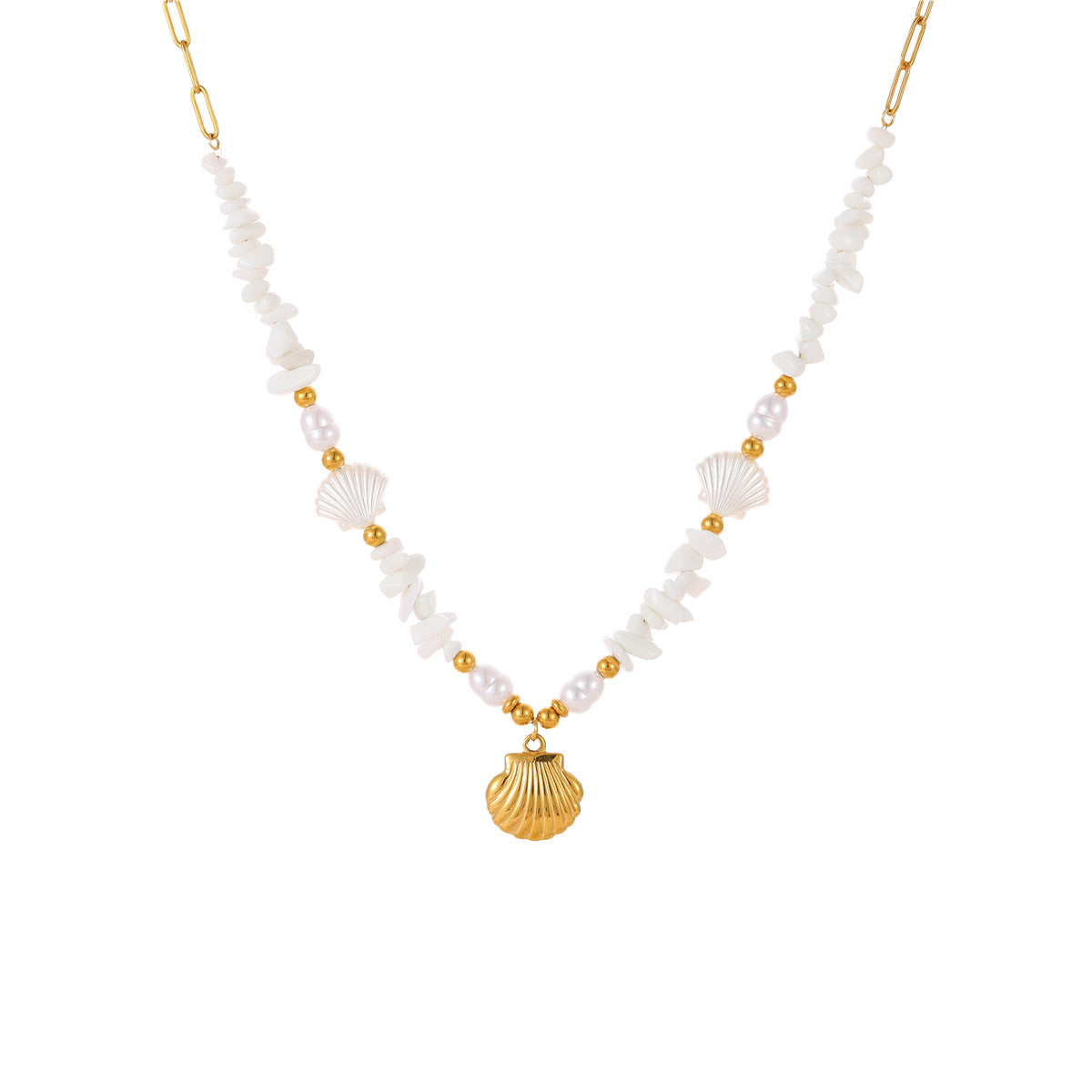 Fashionable Ocean-Inspired Shell and Starfish Pendant Necklace in Titanium Steel with 18K Gold Plating for Women