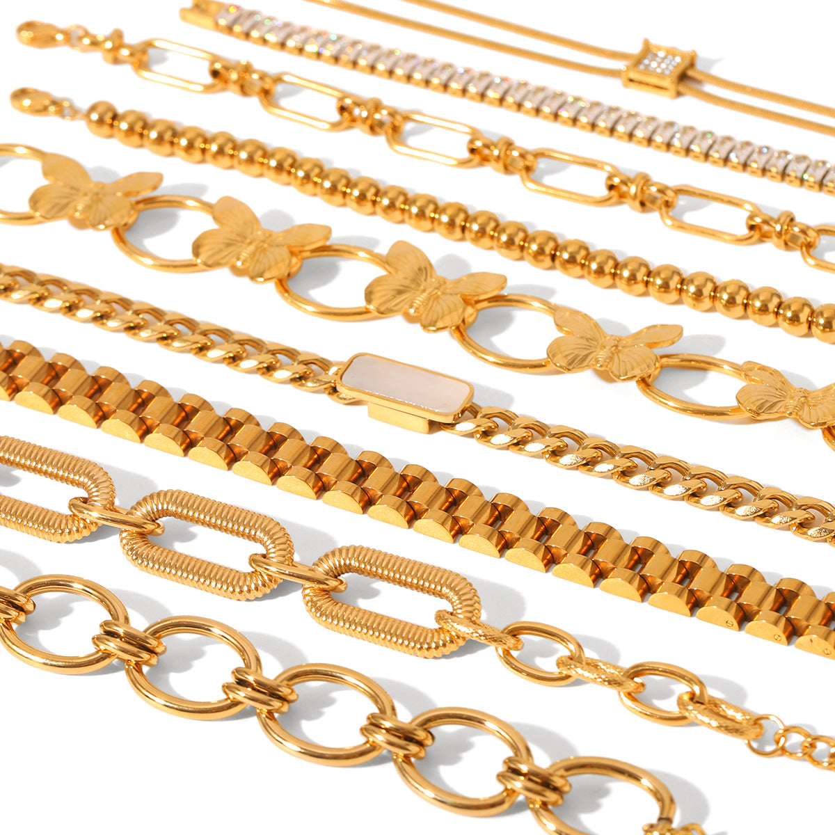 Bracciale da donna in acciaio inossidabile a forma di farfalla con intarsio in strass e finitura placcata, stile geometrico