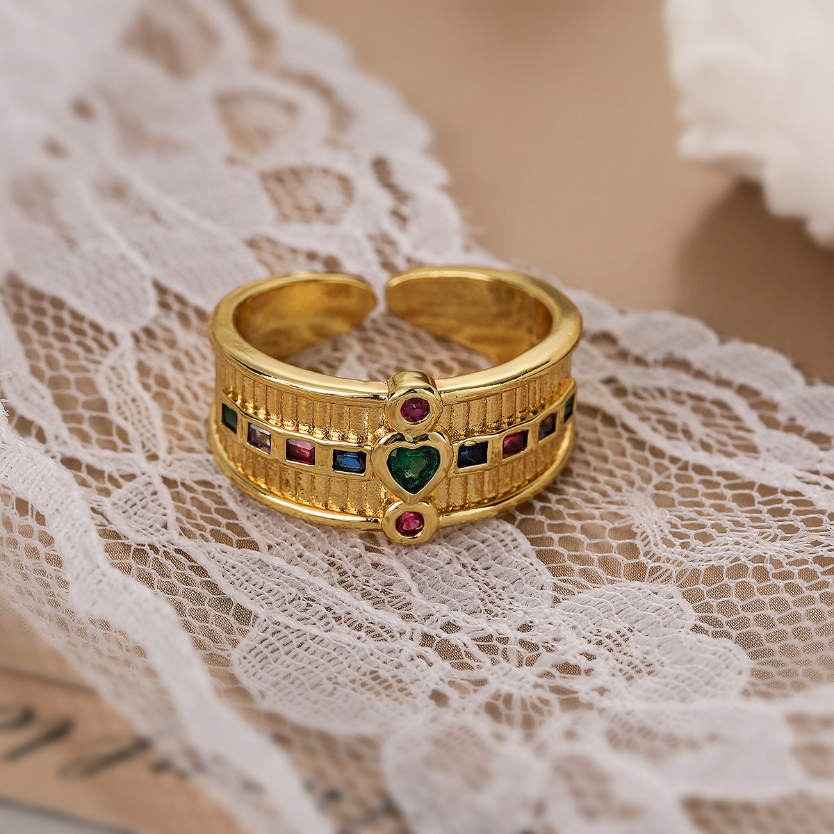 Minimalist Geometric Wide Open Ring for Women Made of Brass with Real Gold Plating and Zircon Inlay