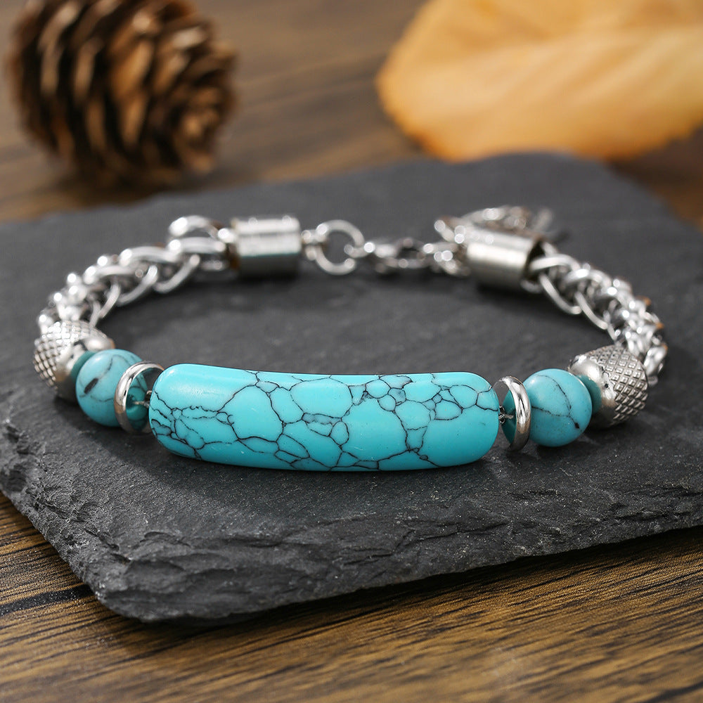 Vintage Geometric Stainless Steel Turquoise Bracelet for Men and Women