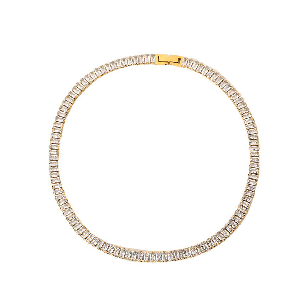 Minimalist Geometric Shaped Zirconia Pendant Necklace in Titanium Steel with Rhinestone Inlay for Women