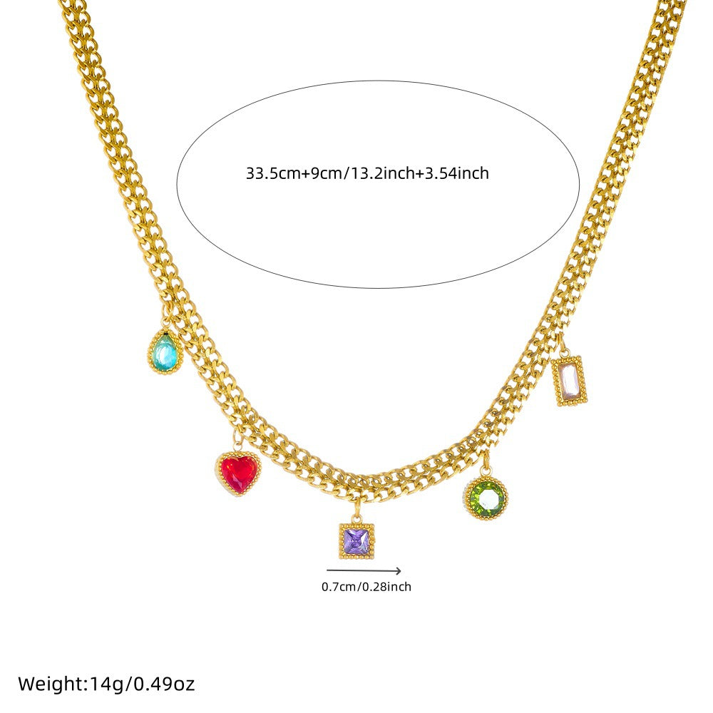 Fashionable Minimalist Heart-Shaped Rhinestone-Embellished Gold-Plated Stainless Steel Choker Necklace with Snake Chain for Women