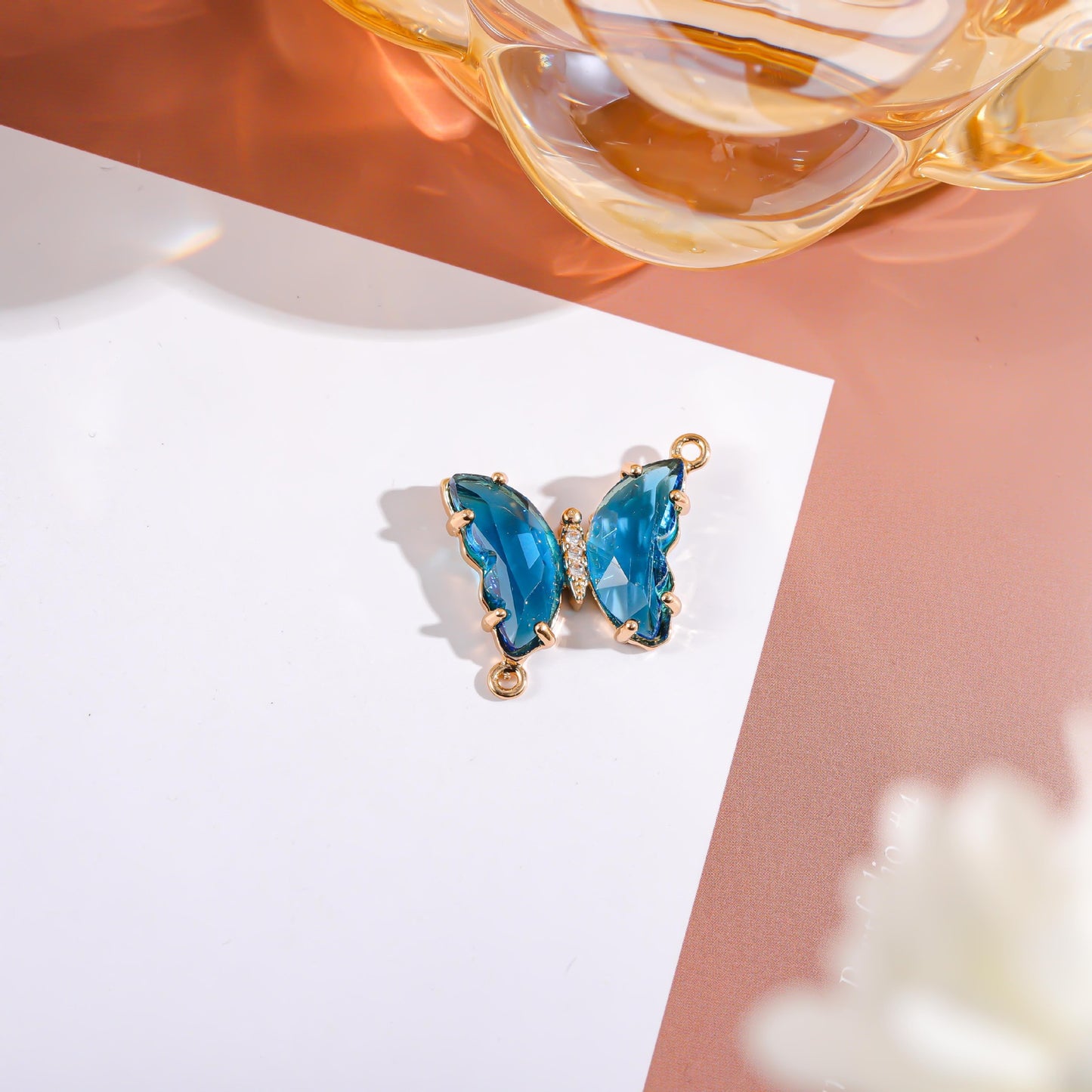 Sweet Gradient Glitter Crystal Butterfly Double Pendant Brass Plated Charm Bar