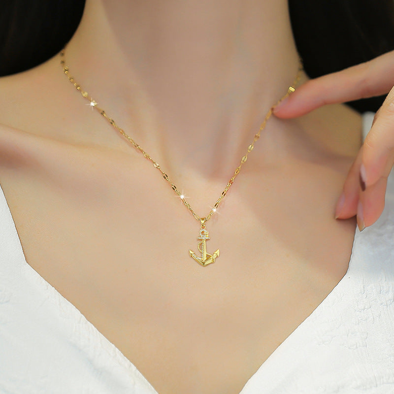 Luxury Fresh and Sweet Anchor Pendant Collar Chain in Titanium Steel with Rhinestone Inlay
