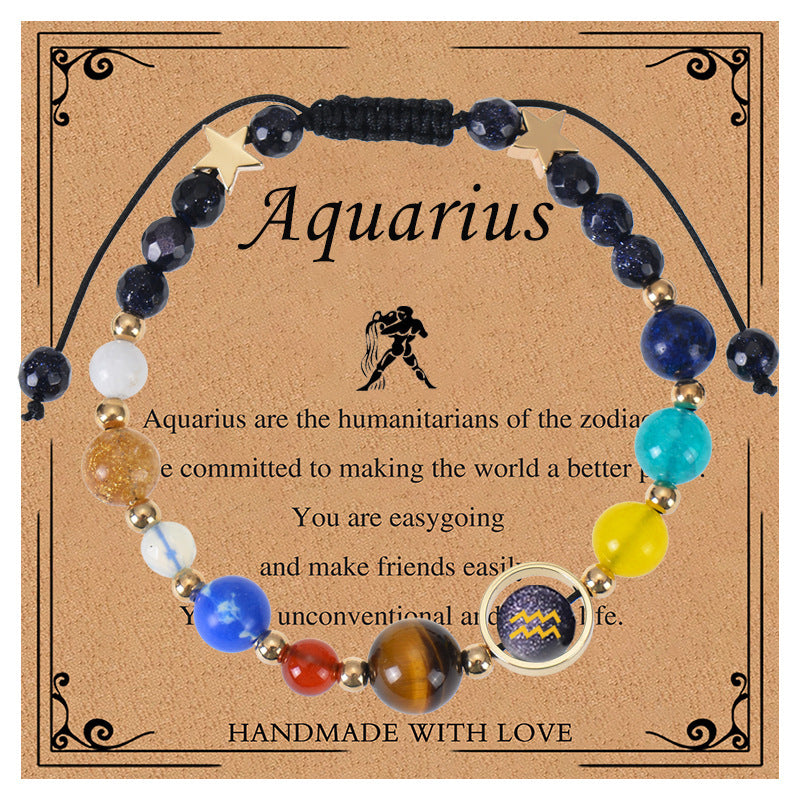 Elegant Geometric Natural Stone Obsidian Crystal Blue Sandstone Bracelet Unisex Zodiac Galaxy Universe Star Beaded Bracelet