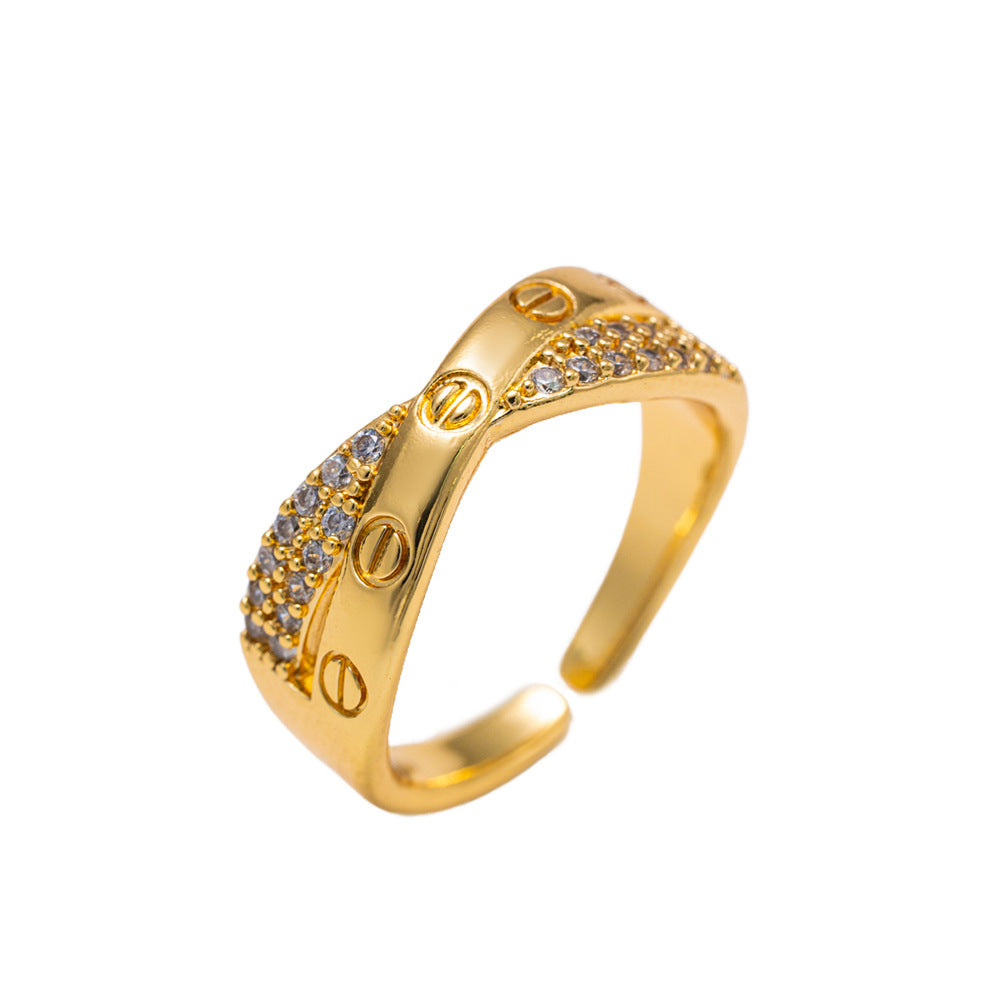 Minimalist Fashion 18K Gold Plated Geometric Letter Zircon Inlay Adjustable Ring for Women