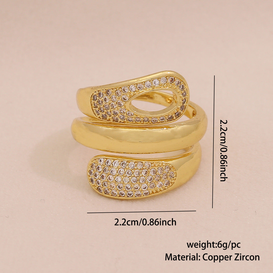 Fashionable Geometric Women's Adjustable Ring in Copper with Zircon Inlay and Linear Design