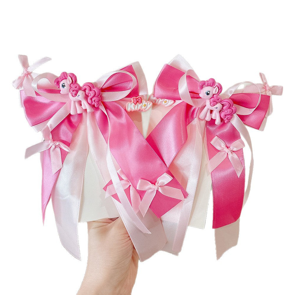 Cartoon Pony-Themed Hair Clip for Girls with Ribbon Bow and Tassel Decorations Made of Fabric