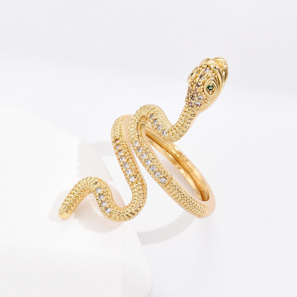 Geometric Snake-Shaped Copper Ring with 18K Gold Plating and Zircon Inlay for Women