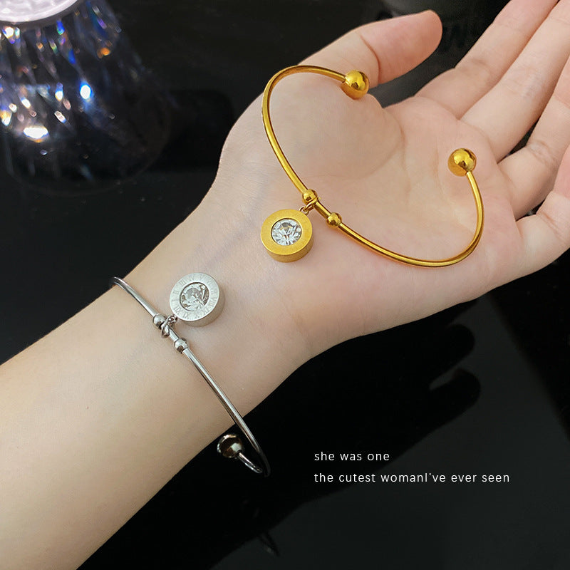 Minimalist Micro-Paved Cubic Zirconia Roman Number Open Cuff Titanium Steel Bracelet