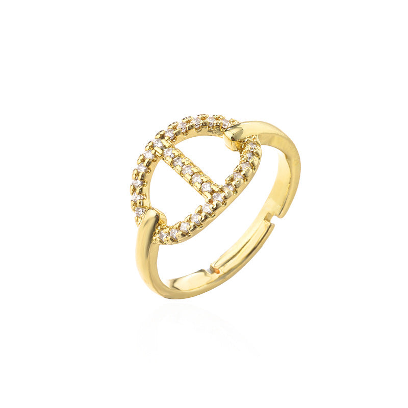 Anello Aperto a Forma di Naso di Maiale Geometrico da Donna con Base in Rame Placcato Oro 18K e Zirconia Micro-Incastonata