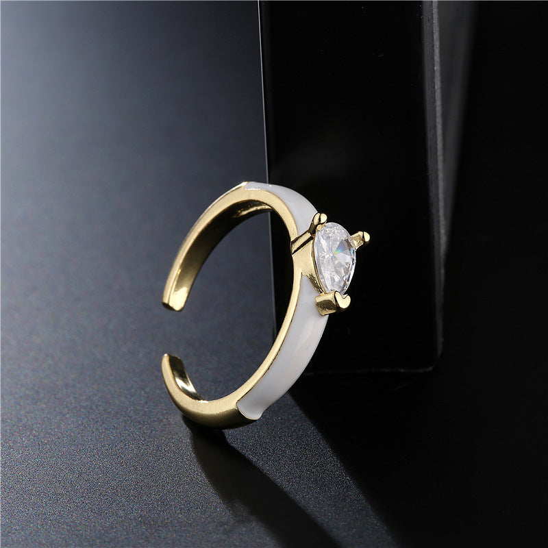 18K Gold Plated Brass Teardrop Geometric Ring with Cubic Zirconia and Drip Oil for Women