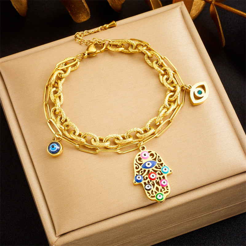 Vintage Gold Plated Hand Eye Pendant Stainless Steel Cable Chain Necklace Jewelry Set for Women
