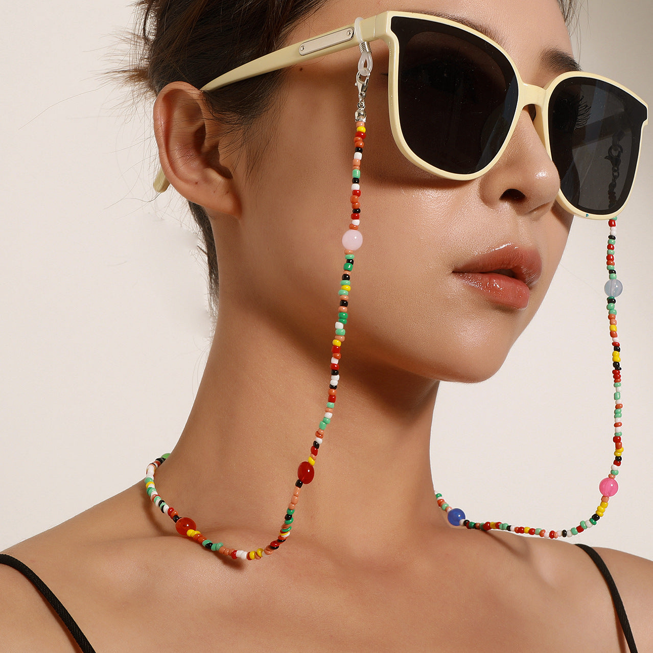 Candy Color Round Glass Beads Ball Chain Eyeglass Holder for Women