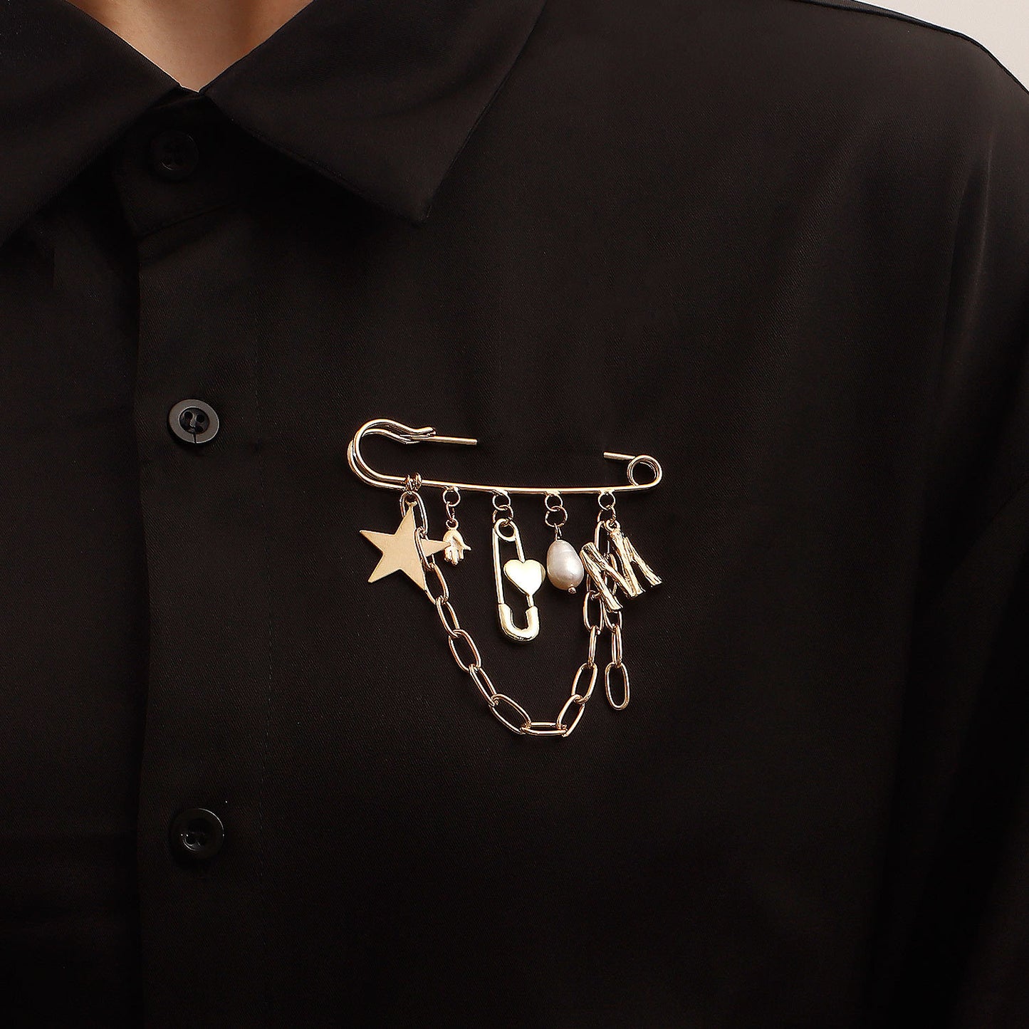 Geometric Star and Letter M Pendant Brooch with Tassel Detail in Alloy with Plated Finish for Women