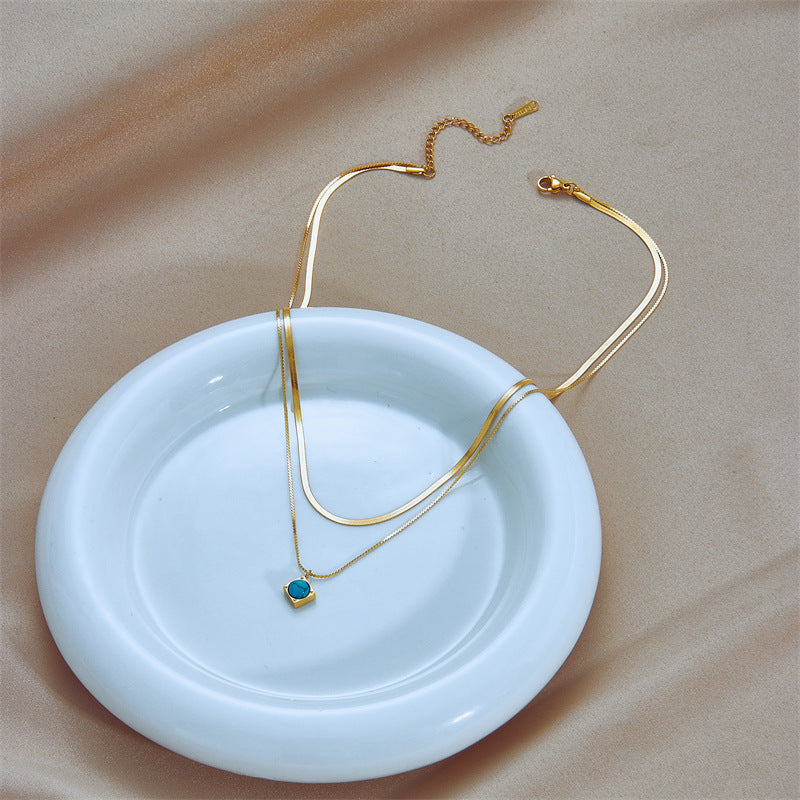 Vintage Fashionable Two-Tier Titanium Steel Necklace with Turquoise Square Pendant and Plated Finish