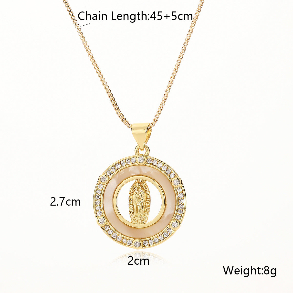 Minimalist Geometric Mother Mary Shell Pendant Necklace for Women with Copper Base and 18K Gold Plating, Zircon Inlay