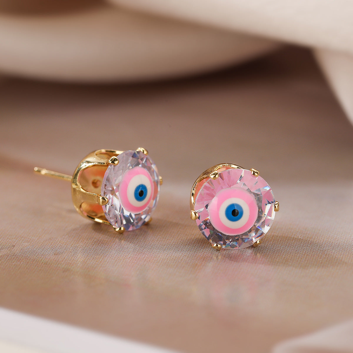 Minimalist Geometric Evil Eye Stud Earrings in Copper with Gold Plating and Zircon Inlay