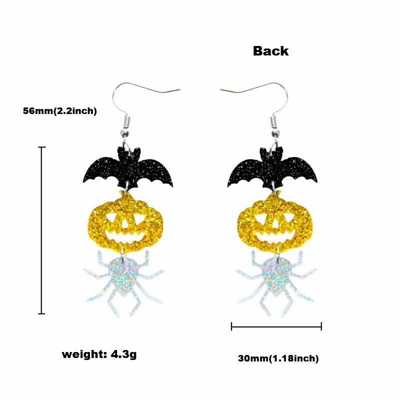 Pendientes acrílicos con temática de Halloween con formas de murciélago, araña y calabaza en estilo divertido y tierno