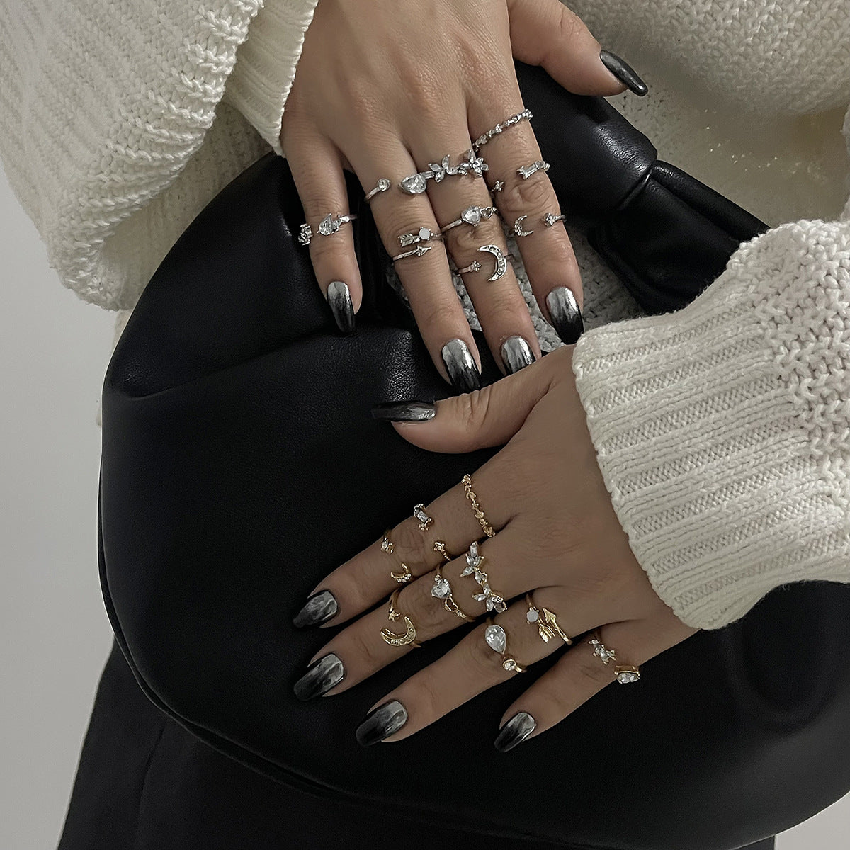 Anello geometrico da donna minimalista stile francese in lega con intarsio in strass e finitura placcata, set di anelli impilabili alla moda