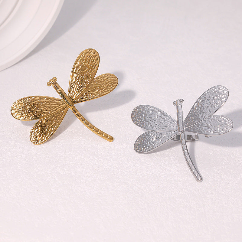 Minimalist Dragonfly-Shaped Stainless Steel Open Ring with Gold Plating for Women