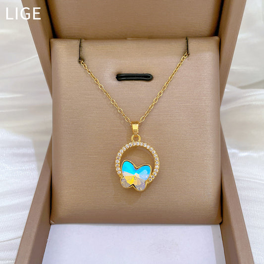Collana Minimalista con Ciondolo a Farfalla in Acciaio al Titanio con Intarsi di Strass per Donne e Uomini