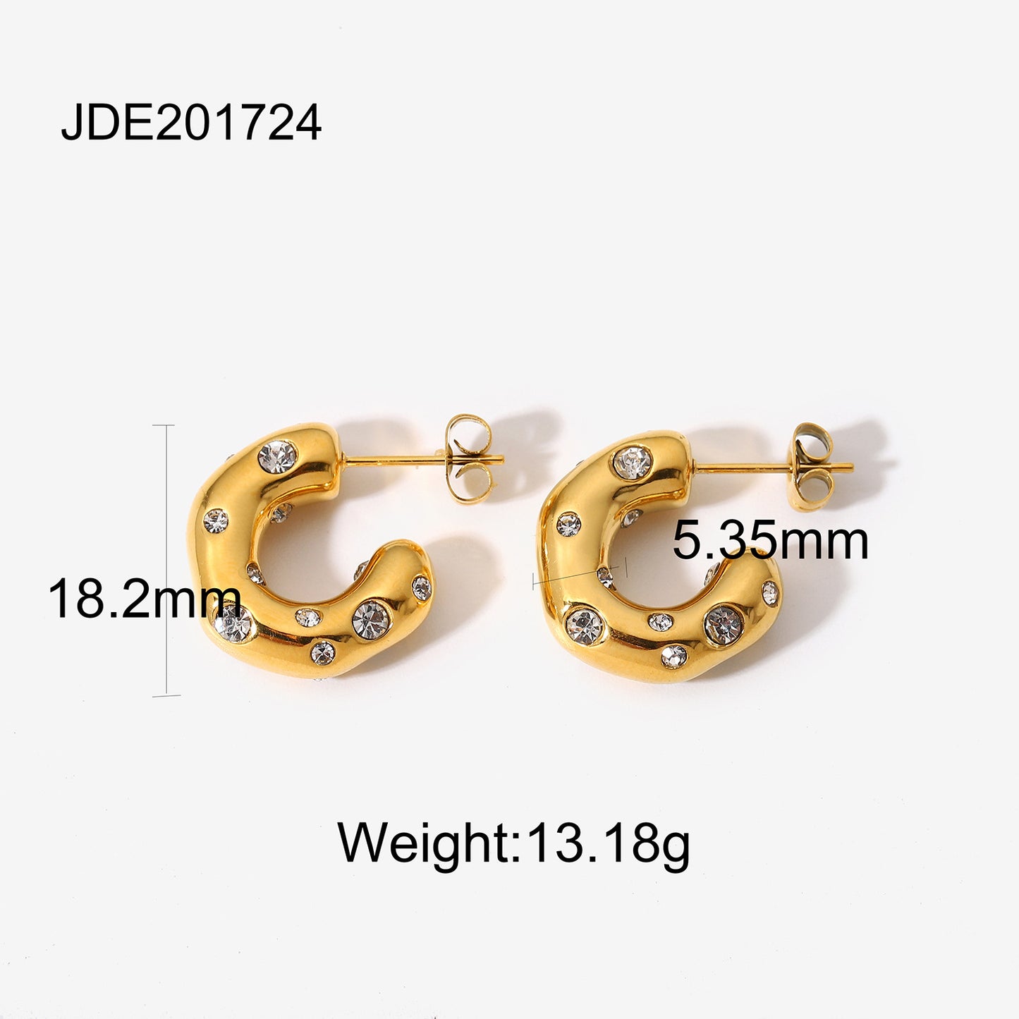 INS Style Geometric Hammered Texture C-Shaped Hoop Earrings with Zircon and Pearl Inlay in 18K Gold Plated Stainless Steel for Women