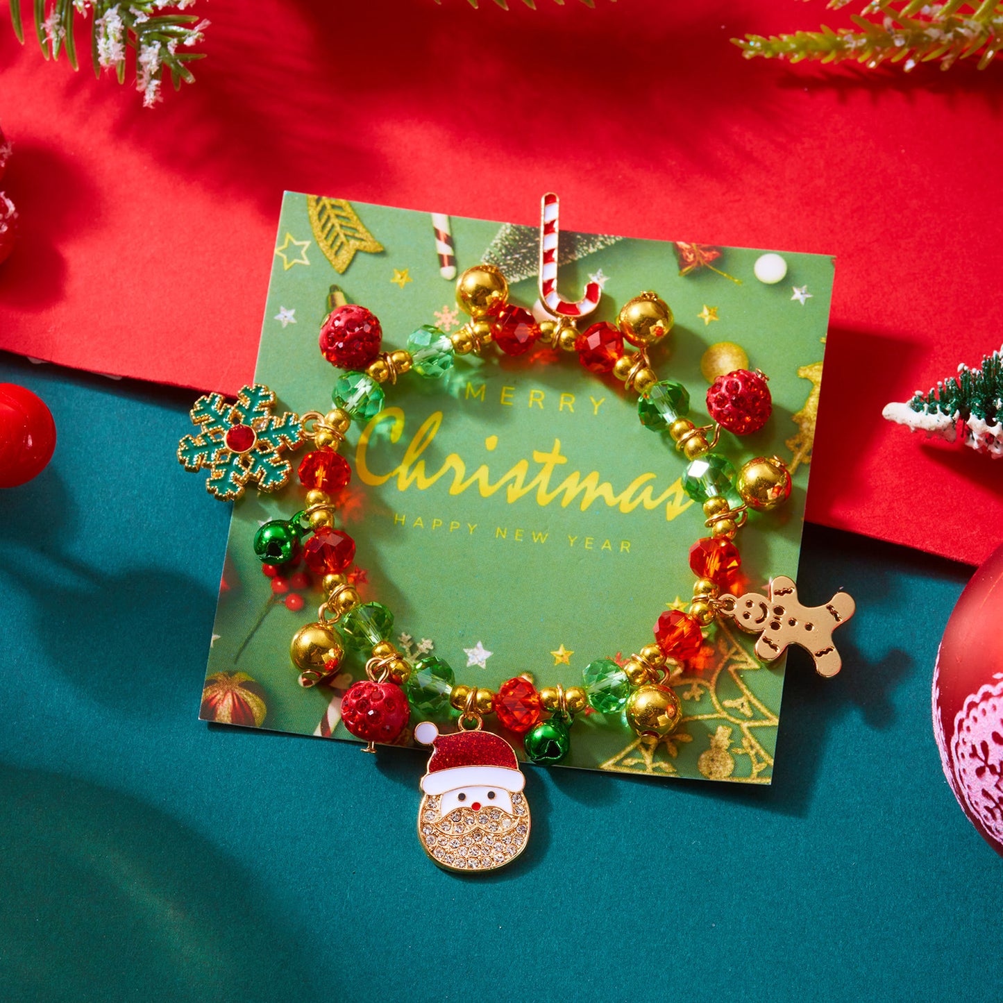 Braccialetto Elastico alla Moda a Tema Natalizio con Ciondoli di Babbo Natale e Fiocco di Neve, Gioielli Artigianali da Donna in Lega di Zinco per le Feste