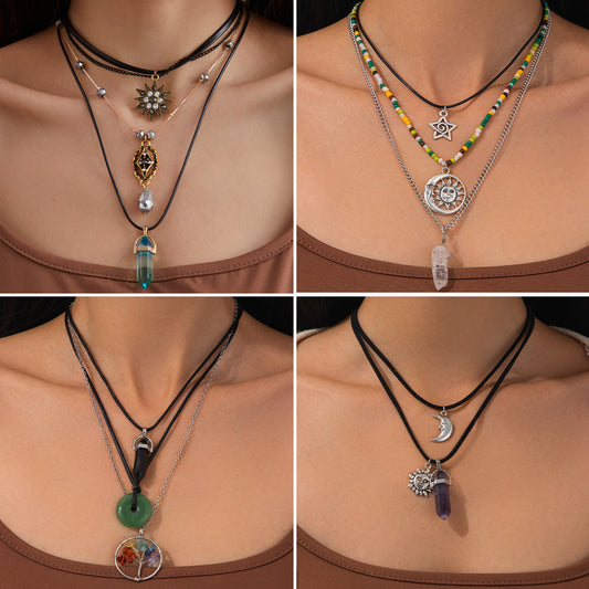 Vintage Baroque Pearl Star Teardrop Pendant Zinc Alloy Plated Multi-Layer Necklace for Women