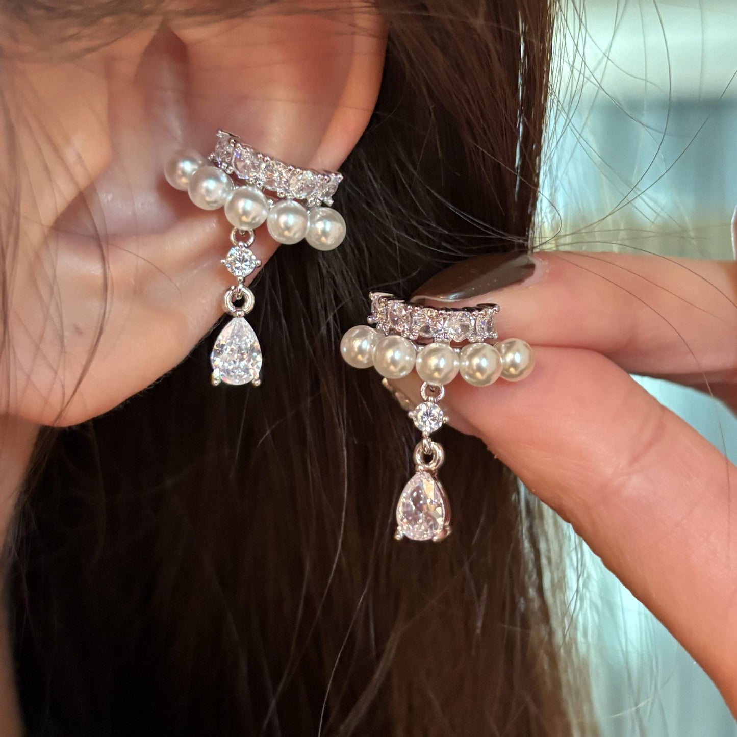 Elegantes Pendientes de Perlas con Forma de Gota de Agua y Circonitas Incrustadas para Mujer, Ligeros, Estilo Earcuff, Adecuados para Uso Diario y Estilo de Oficina