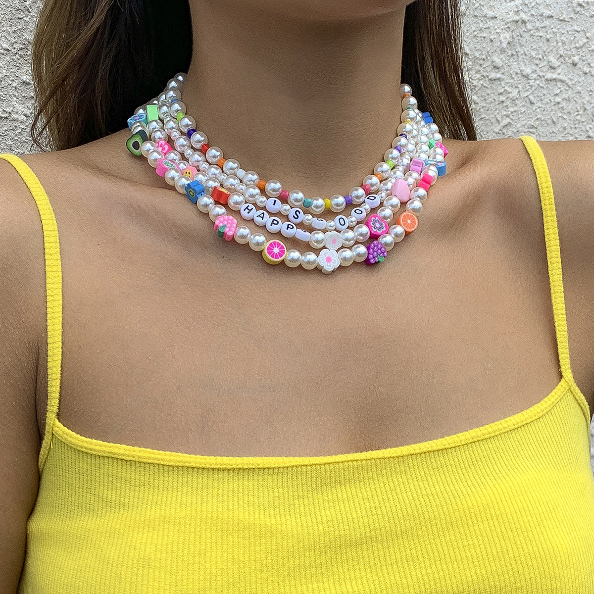 Minimalist Fruit and Floral Woven Multi-Layer Necklace for Women with Resin Pearls and Geometric Accents in Round Bead Chain