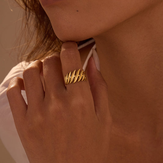 Minimalist Leaf-Shaped Titanium Steel Ring with 18K Gold Plating for Women