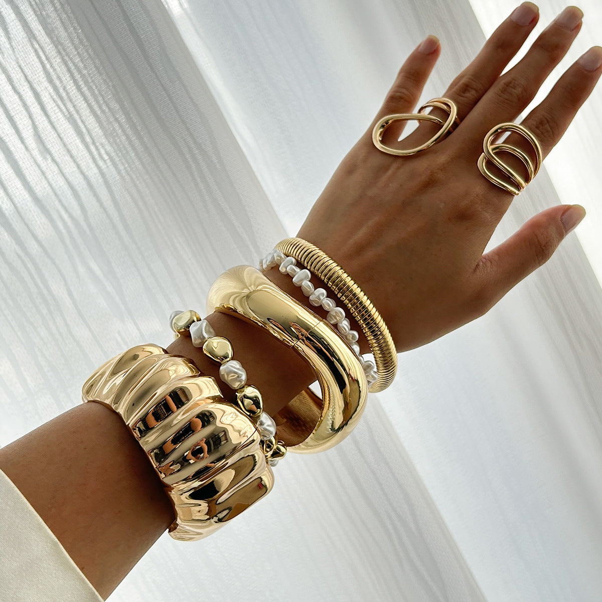 Minimalist Irregular Textured Alloy Bracelet for Women with Folded Wide Band and Electroplated Finish