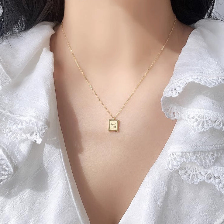 Minimalist Square Pendant Necklace with Engraved Good Luck Letter Charm in Titanium Steel for Women