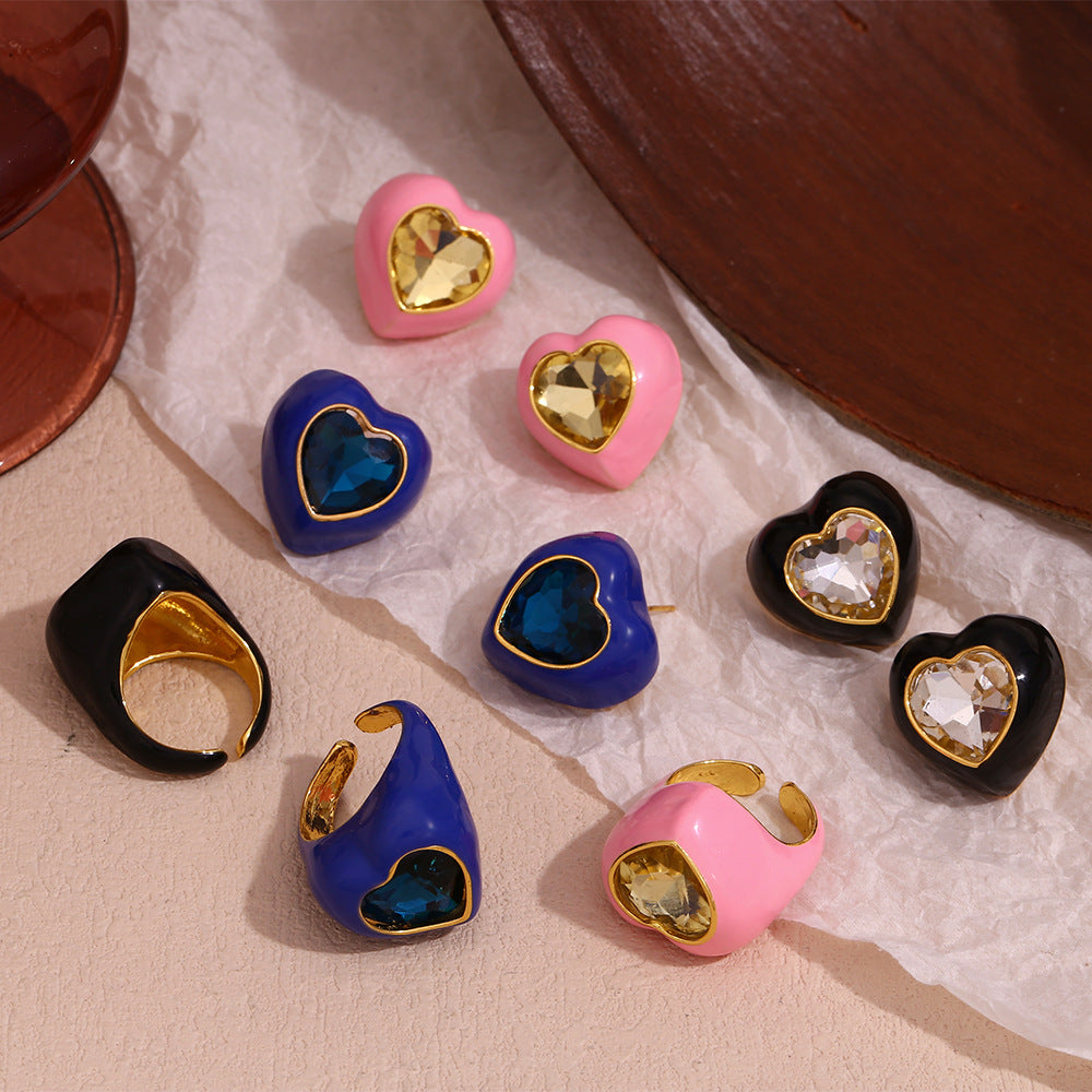 Fashionable Heart-Shaped Stainless Steel Earrings with 18K Gold Plating and Enamel Finish for Women
