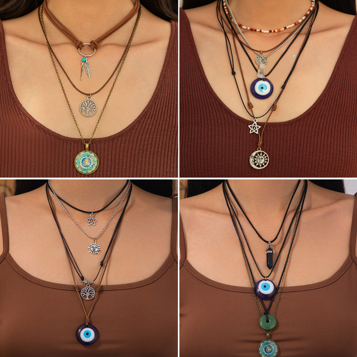 Vintage Bohemian Ethnic Star Geometric Alloy Pendant Acrylic Plated Multi-layer Necklace for Women