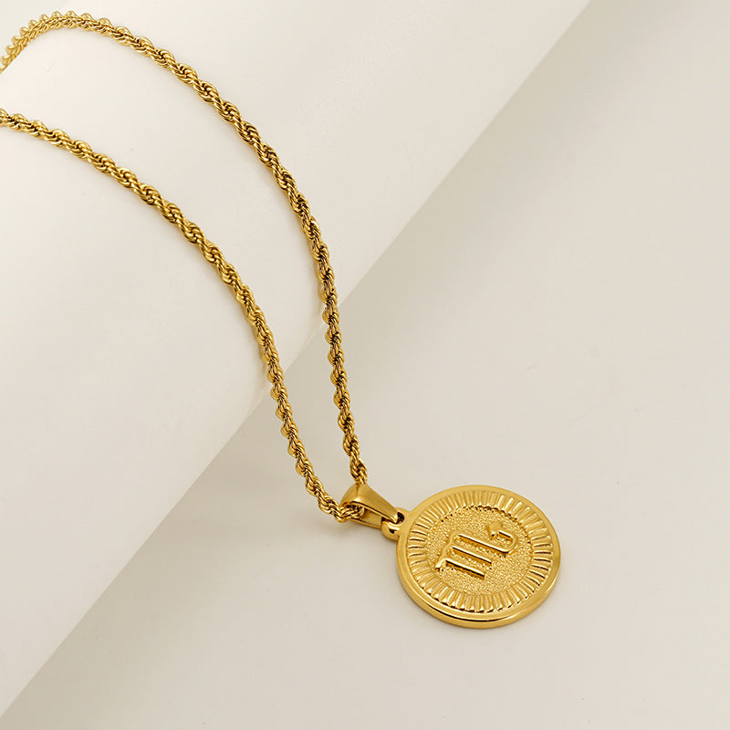 Vintage 18K Gold Plated Round Zodiac Pendant Titanium Steel Rope Chain Necklace Unisex